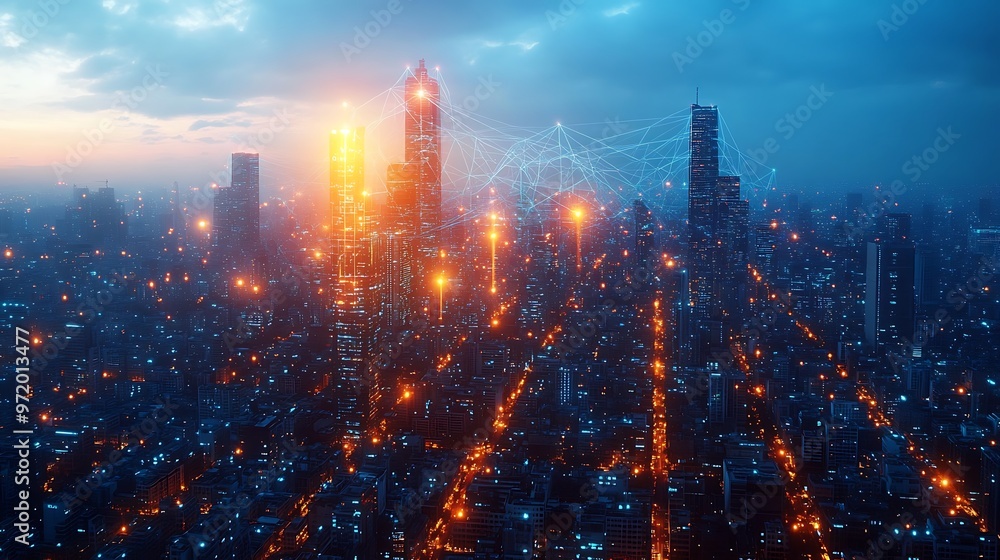 A futuristic city glowing with neon data lines connecting mobile devices, homes, and skyscrapers. The skyline pulses with digital energy, A futuristic city glowing with neon data lines connecting mobile devices, homes, and skyscrapers. The skyline pulses with digital energy,