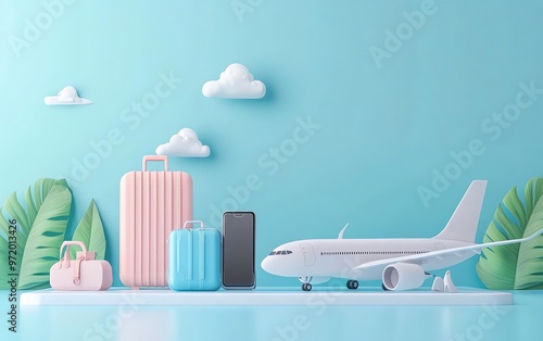 A white airplane, luggage, and a smartphone on a blue background with clouds and palm leaves. photo