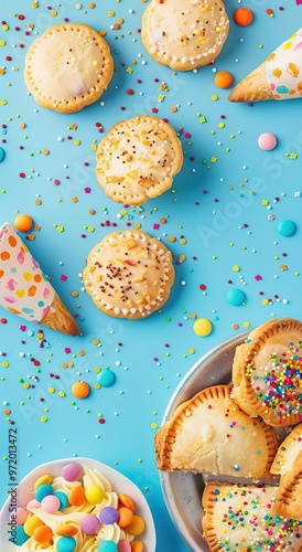 pastry cupcakes with colorful sprinkles on blue background, top view photo