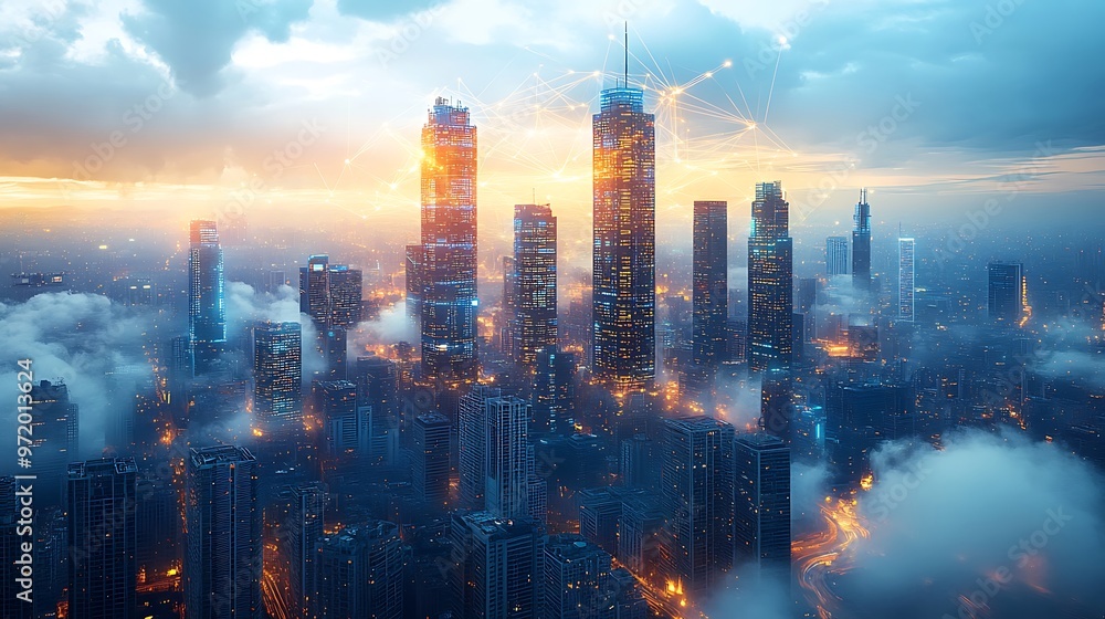 A futuristic city in the sky, connected by glowing data threads and communication networks, floating among clouds lit by vibrant neon lights. The city’s skyscrapers glow with digital energy, A futuristic city in the sky, connected by glowing data threads and communication networks, floating among clouds lit by vibrant neon lights. The city’s skyscrapers glow with digital energy,