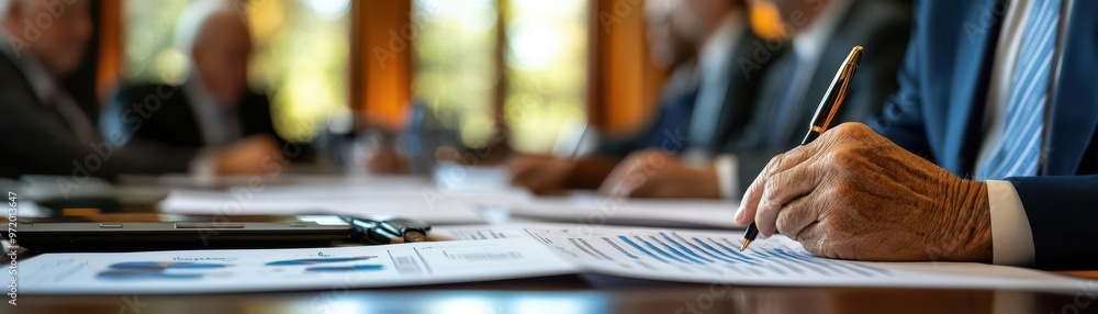 Advisors discussing printed documents on ESG compliance and governance standards, governance standards, investment meeting Advisors discussing printed documents on ESG compliance and governance standards, governance standards, investment meeting