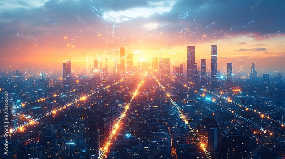 Fototapeta premium A futuristic city pulsing with vibrant data streams, glowing lines of communication and electricity weaving through the streets and high-rise buildings.