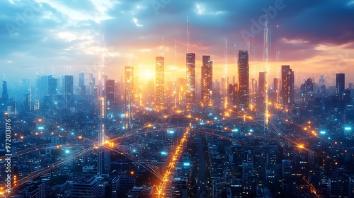 Wallpaper Mural A futuristic city pulsing with vibrant data streams, glowing lines of communication and electricity weaving through the streets and high-rise buildings. Torontodigital.ca