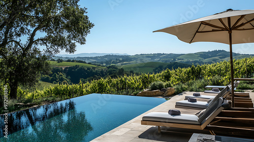 An intimate wellness retreat featuring a private infinity pool overlooking rolling hills and lush vineyards