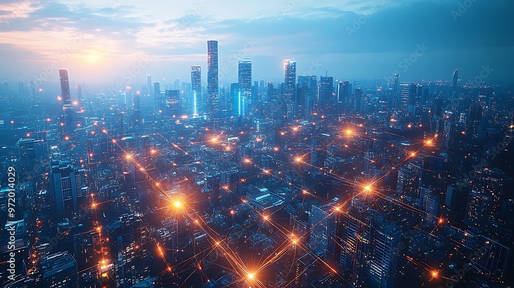 Fototapeta premium A futuristic city seen from above, glowing with pulsing lights from communication hubs as data flows through the network. The skyline pulses with digital energy,