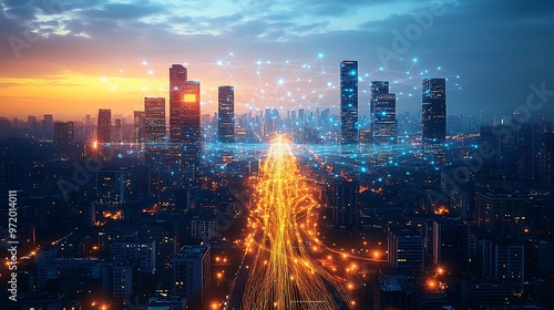 Wallpaper Mural A futuristic city seen from a drone’s perspective, with illuminated data streams flowing between smart buildings and roads. The glowing communication lines form a network of energy and technology, Torontodigital.ca