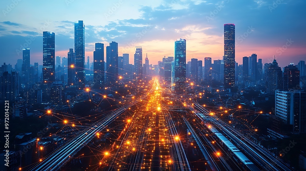 Fototapeta premium A futuristic cityscape at twilight, with glowing neon communication lines connecting advanced highways, smart trains, and sleek glass skyscrapers.