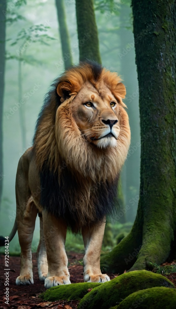 Fototapeta premium fantasy lion in a misty forest. Ai generated image