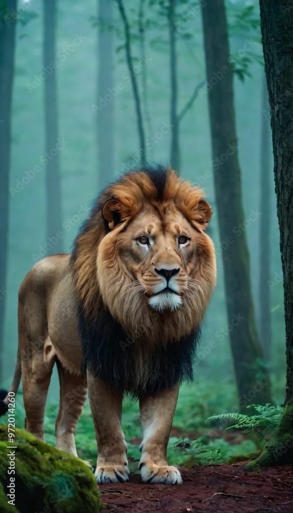 Obraz premium fantasy lion in a misty forest. Ai generated image