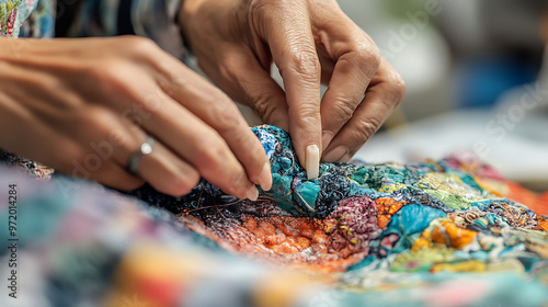 A close-up of hands stitching together pieces of fabric made from recycled plastics showcasing craftsmanship in sustainable fashion