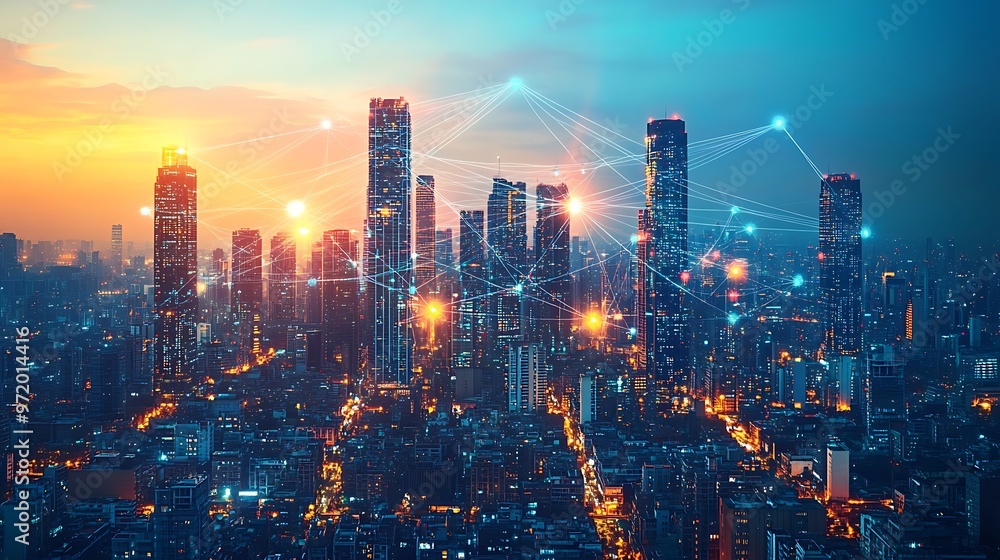 Obraz premium A futuristic cityscape with towering high-rise buildings connected by illuminated lines representing wireless communication networks.