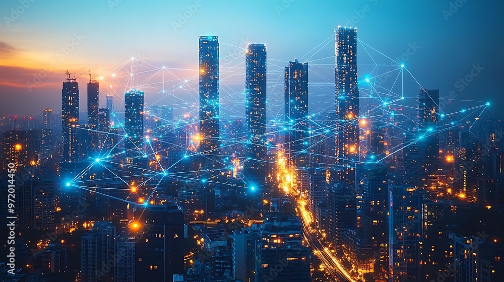 Fototapeta premium A futuristic cityscape with towering high-rise buildings connected by illuminated lines representing wireless communication networks.