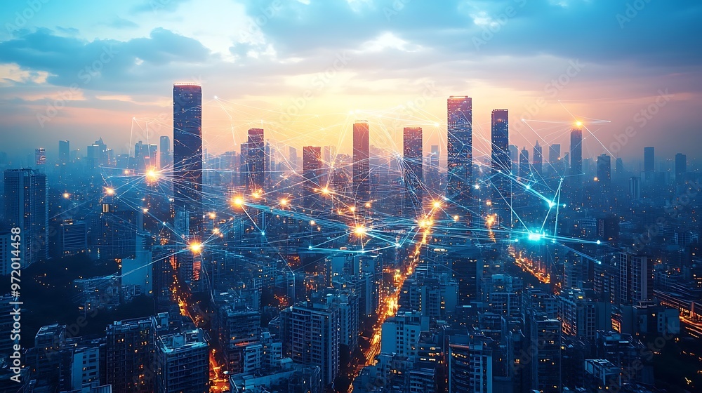 A futuristic cityscape with towering high-rise buildings connected by illuminated lines representing wireless communication networks. A futuristic cityscape with towering high-rise buildings connected by illuminated lines representing wireless communication networks.
