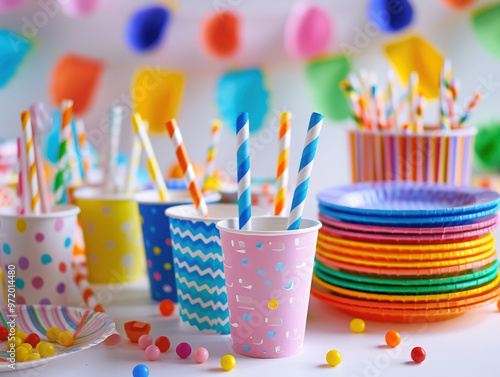 party celebration colorful fun drinks straws supplies decorations tableware event birthday festive children paper cups party plates party straws bright colors 