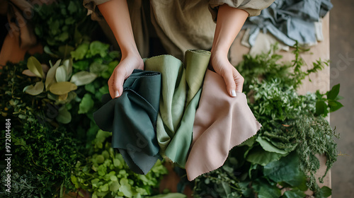 A fashion designer holding up fabric swatches of natural dyes and sustainable materials with their studio filled with greenery and sustainable design elements