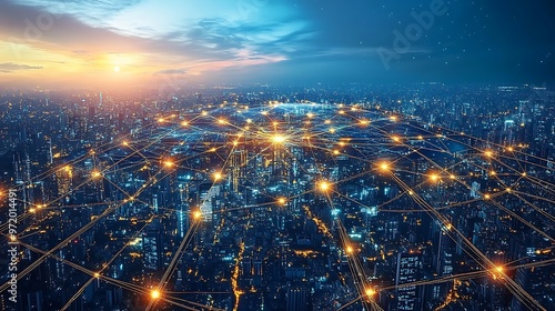 Wallpaper Mural A futuristic global city viewed from orbit, with continents interconnected by glowing data streams forming a web of communication across the planet. The neon-lit lines pulse with energy, Torontodigital.ca