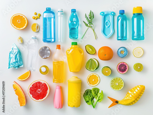 bottles fruits beverages yellow drinks refreshing drinks citrus fruits wellness healthy lifestyle hydration colorful drinks plastic bottles food photography flat lay 