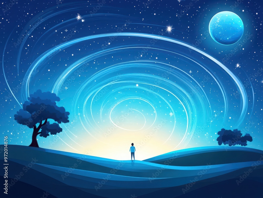 Naklejka premium A serene landscape with a person gazing at swirling stars and a bright moon, evoking a sense of wonder and tranquility.