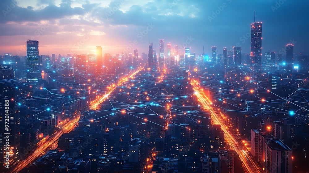 A futuristic urban center illuminated by a web of interconnected digital networks, with glowing data lines linking smart buildings and roads. The city’s skyline shines with vibrant neon colors, A futuristic urban center illuminated by a web of interconnected digital networks, with glowing data lines linking smart buildings and roads. The city’s skyline shines with vibrant neon colors,