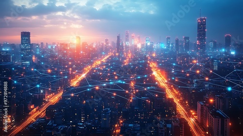 A futuristic urban center illuminated by a web of interconnected digital networks, with glowing data lines linking smart buildings and roads. The city’s skyline shines with vibrant neon colors,