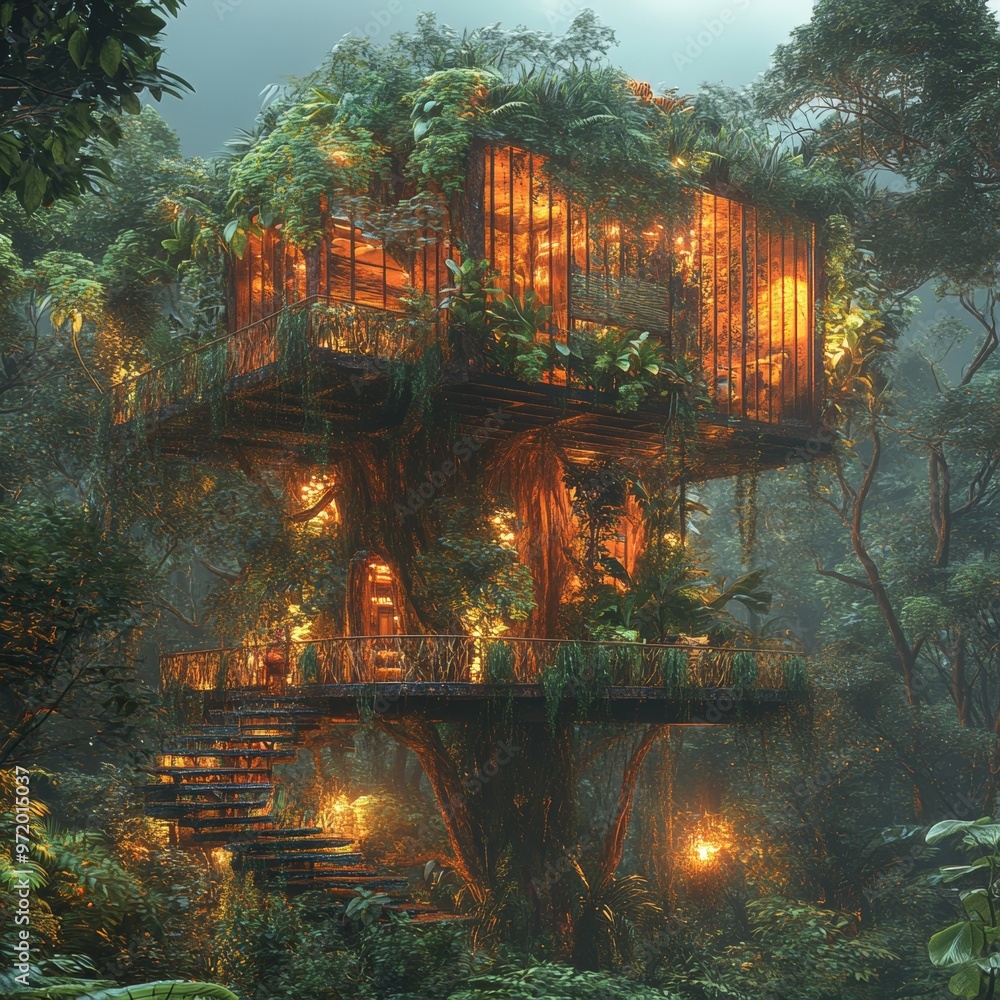 Illuminated Treehouse in Lush Rainforest