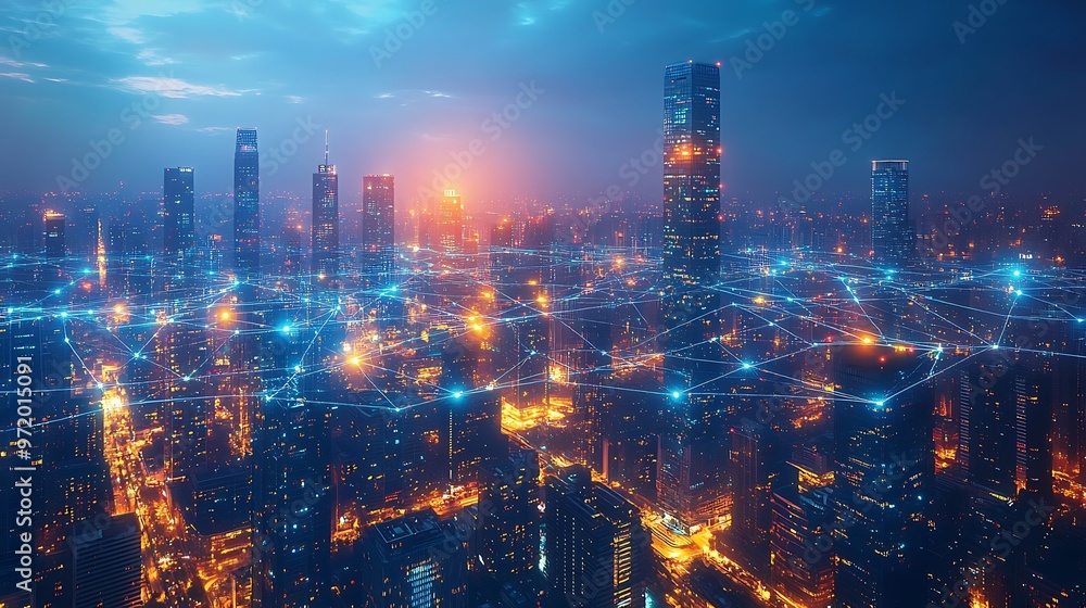 Fototapeta premium A futuristic urban landscape at night, with illuminated lines of wireless connectivity linking towering high-rises. The neon-lit communication lines create a seamless network across the cityscape,
