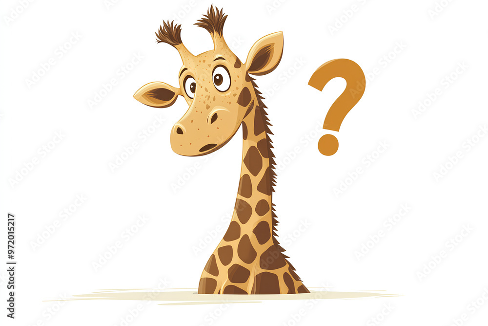 Fototapeta premium A cartoon giraffe with a curious expression, featuring a question mark.