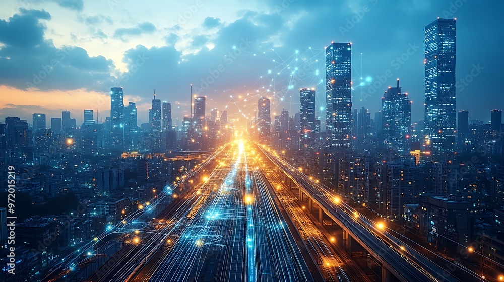 Obraz premium A futuristic urban landscape where glowing communication networks connect elevated highways, smart trains, and towering skyscrapers.