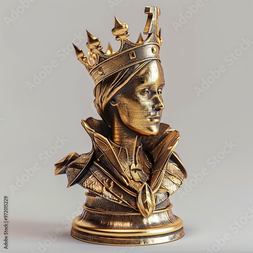 Golden statue of Queen with crown on grey background. 3d photo