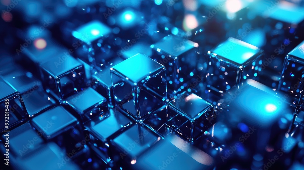 Abstract background with blue glowing cubes in a grid pattern. Abstract background with blue glowing cubes in a grid pattern.