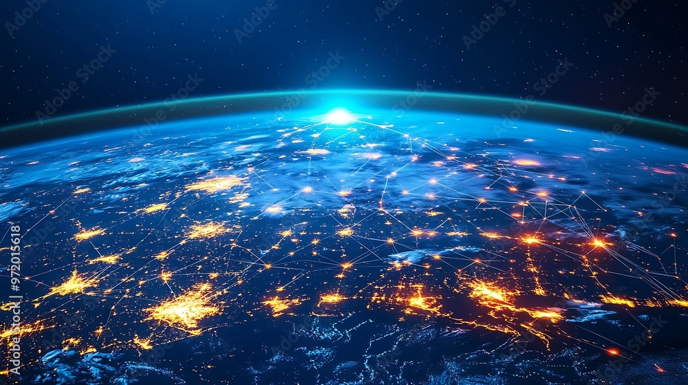 Obraz premium A global metropolis viewed from space at night, with interconnected neon data streams flowing between continents and cities. The glowing web of communication creates a network of energy,