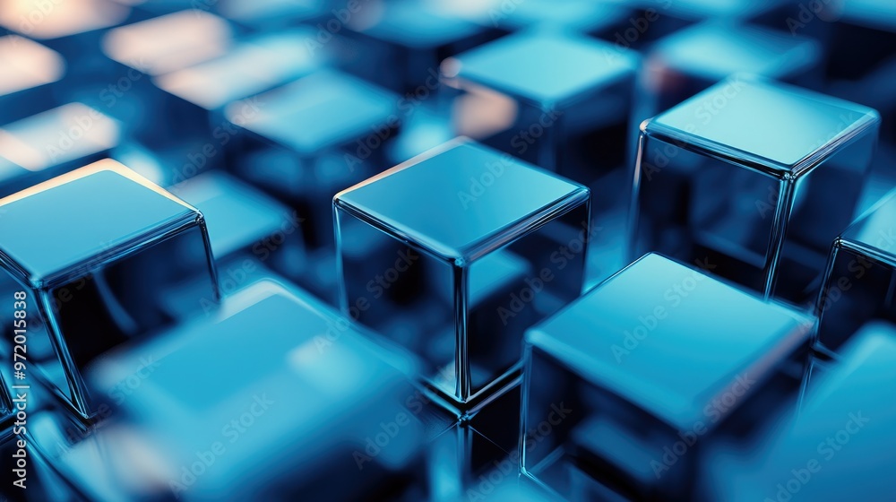 A close-up shot of a field of blue metallic cubes, reflecting the light, creating a sense of depth and repetition. A close-up shot of a field of blue metallic cubes, reflecting the light, creating a sense of depth and repetition.