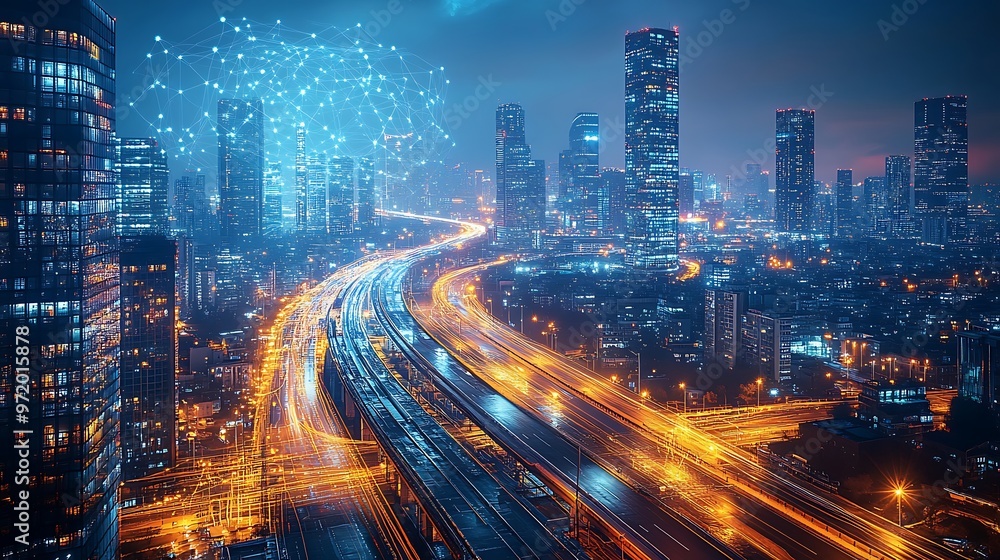 A high-tech city at night, with glowing communication networks visibly linking highways, train routes, and skyscrapers. The vibrant neon lines create a digital web across the metropolis, A high-tech city at night, with glowing communication networks visibly linking highways, train routes, and skyscrapers. The vibrant neon lines create a digital web across the metropolis,