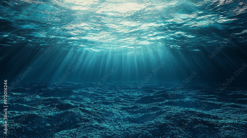 Underwater Ocean Scene with Sunlight Rays and Rocky Bottom Underwater Ocean Scene with Sunlight Rays and Rocky Bottom