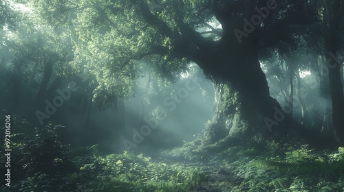 Sunbeams Piercing Through a Dense, Foggy Forest