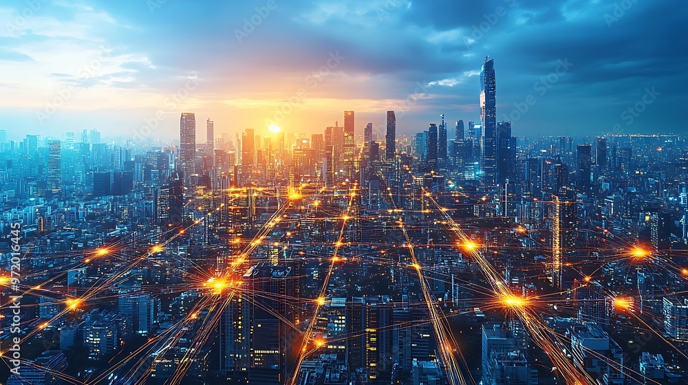 Fototapeta premium A high-tech metropolis pulsing with energy, as communication hubs emit glowing waves of light.