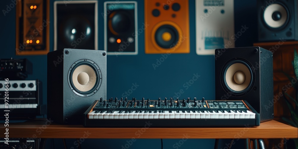 Obraz premium A modern music studio setup featuring a synthesizer and loudspeakers against a colorful wall of audio equipment.