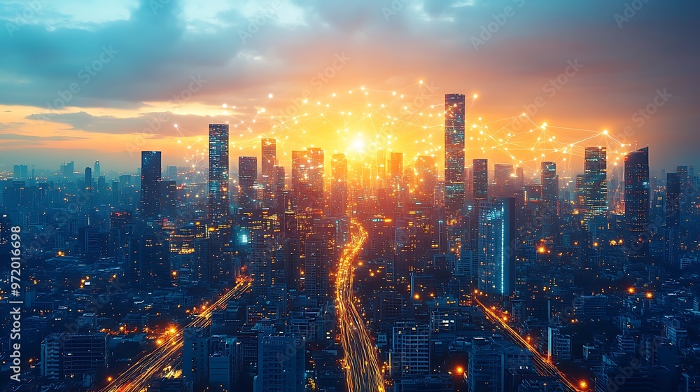 A modern city at dusk, illuminated by glowing data cables and wireless signals connecting skyscrapers, roads, and smart infrastructure. A modern city at dusk, illuminated by glowing data cables and wireless signals connecting skyscrapers, roads, and smart infrastructure.