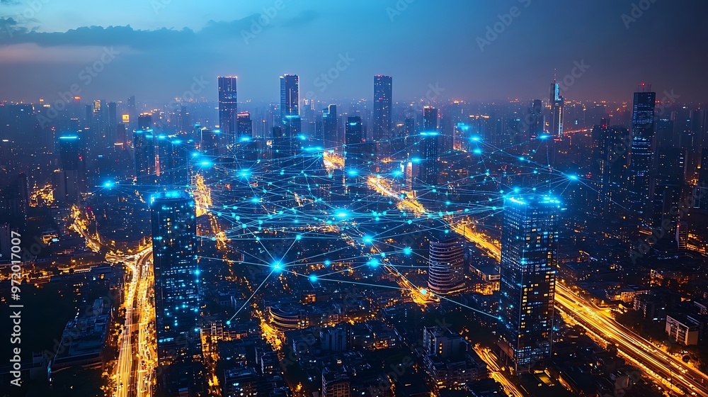 A modern city seen from above, with glowing blue and green lines representing digital networks connecting every building and road. The illuminated pathways create a web of data flow through the city, A modern city seen from above, with glowing blue and green lines representing digital networks connecting every building and road. The illuminated pathways create a web of data flow through the city,