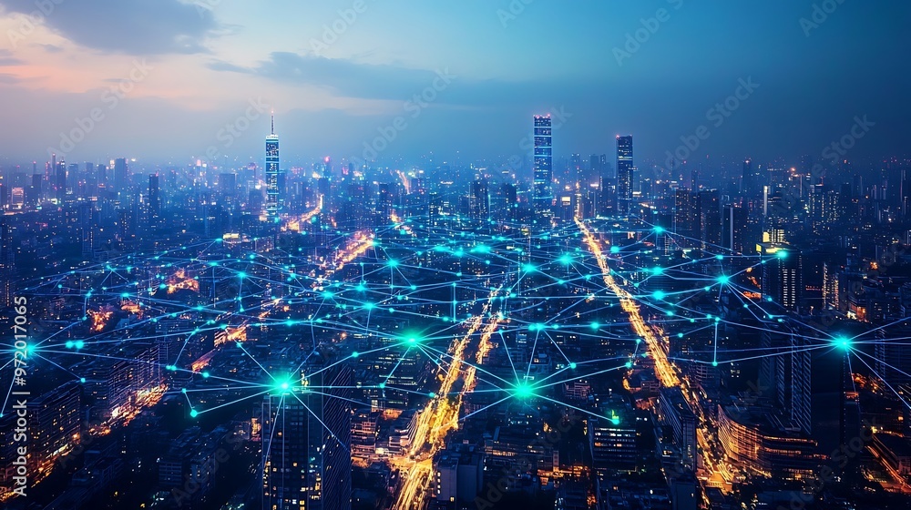 Fototapeta premium A modern city seen from above, with glowing blue and green lines representing digital networks connecting every building and road. The illuminated pathways create a web of data flow through the city,