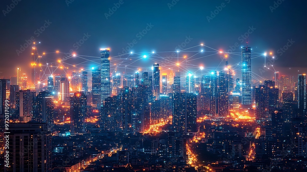 Fototapeta premium A modern city skyline glowing with vibrant neon lights as interconnected high-rises are linked by digital communication lines symbolizing cloud networks and wireless connectivity.