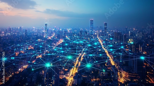 Wallpaper Mural A modern city seen from above, with glowing blue and green lines representing digital networks connecting every building and road. The illuminated pathways create a web of data flow through the city, Torontodigital.ca