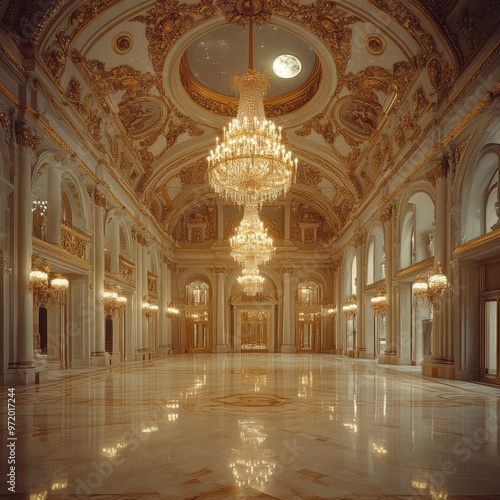 Grand Hall with Chandelier  Ornate Ceiling and Moonlit Sky