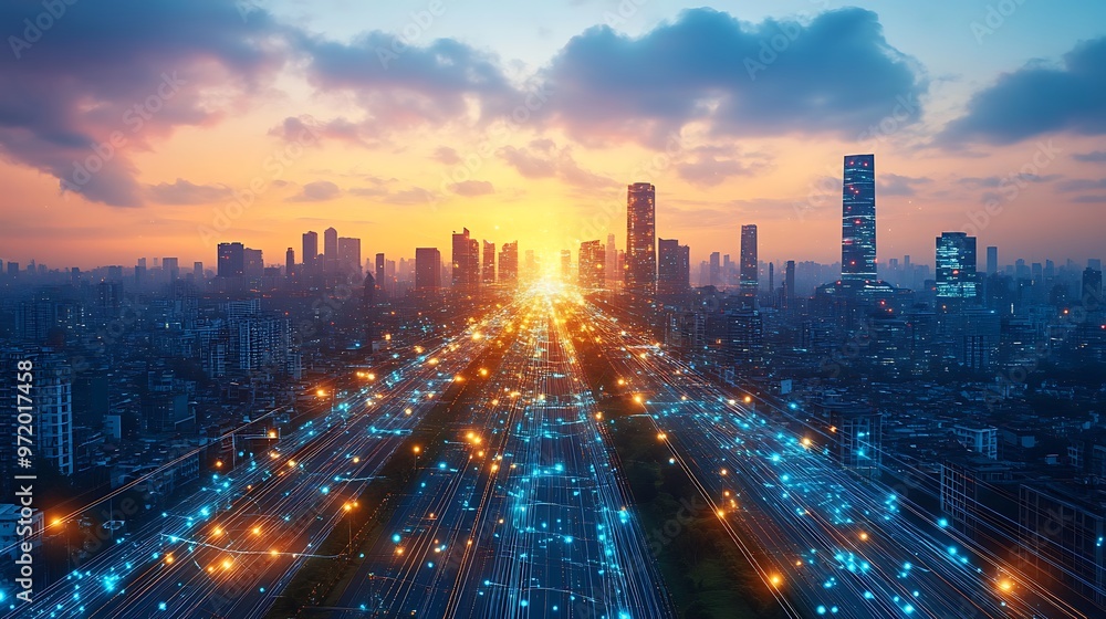Fototapeta premium A modern metropolis at twilight, with glowing data streams connecting every road, building, and transportation network. The digital lines form a complex web of communication,
