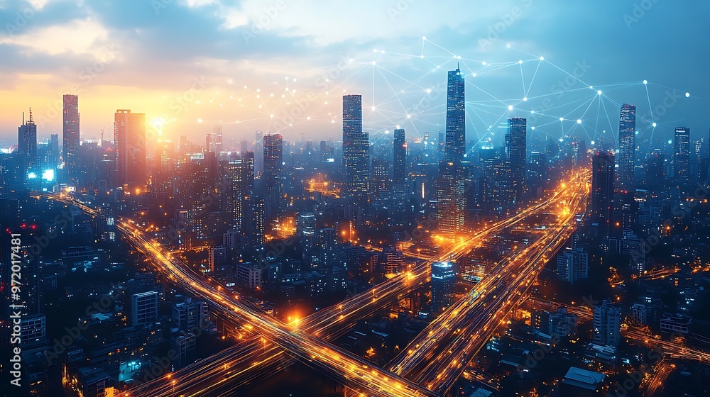 A modern metropolis glowing with interconnected data lines, connecting high-tech highways, smart trains, and towering skyscrapers. A modern metropolis glowing with interconnected data lines, connecting high-tech highways, smart trains, and towering skyscrapers.