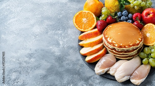 A vibrant assortment of pancakes, fresh fruits, and chicken, beautifully arranged on a plate, perfect for a delicious meal. photo