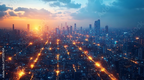 A modern metropolis at twilight, with glowing data streams connecting every road, building, and transportation network. The digital lines form a complex web of communication,