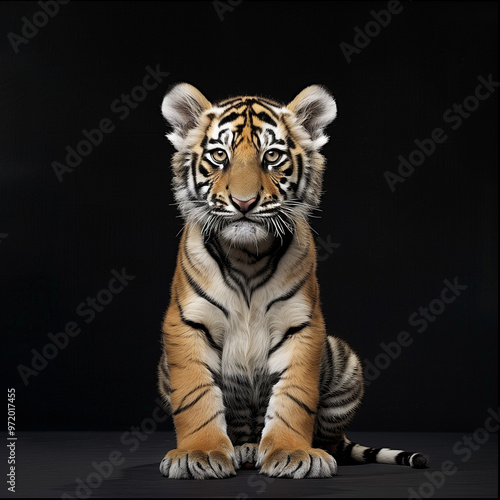 Portrait of a Young Tiger Cub Against a Black Background