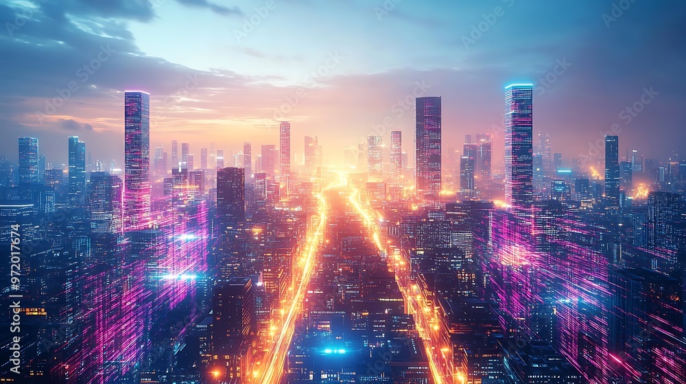 Fototapeta premium A neon-lit cyber city, with bright data pathways glowing between high-rise buildings and advanced transportation hubs. The reflections on glass structures enhance the vibrant glow,