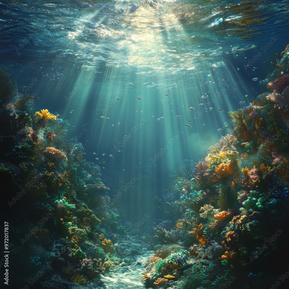 Fototapeta premium Underwater Coral Reef Scene with Sunbeams and Fish